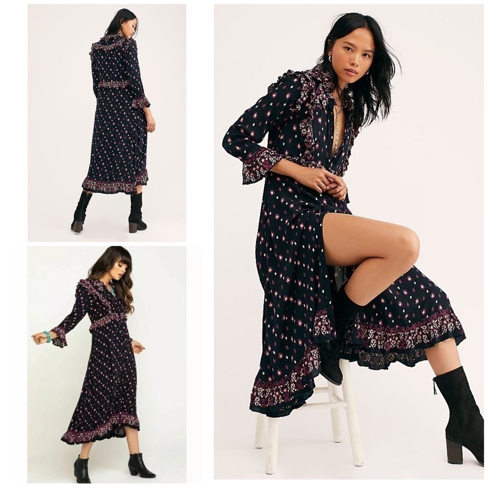 NWT Free People Black Calico Skies Midi Dress XS​​​​​​
